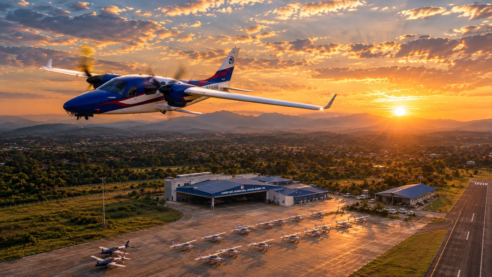 LEIAAI Tecnam twin flying over the academy and airfield at sunset