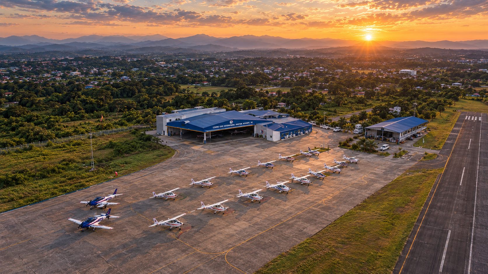 LEIAAI hangar and training fleet on the San Fernando Airport ramp at sunset