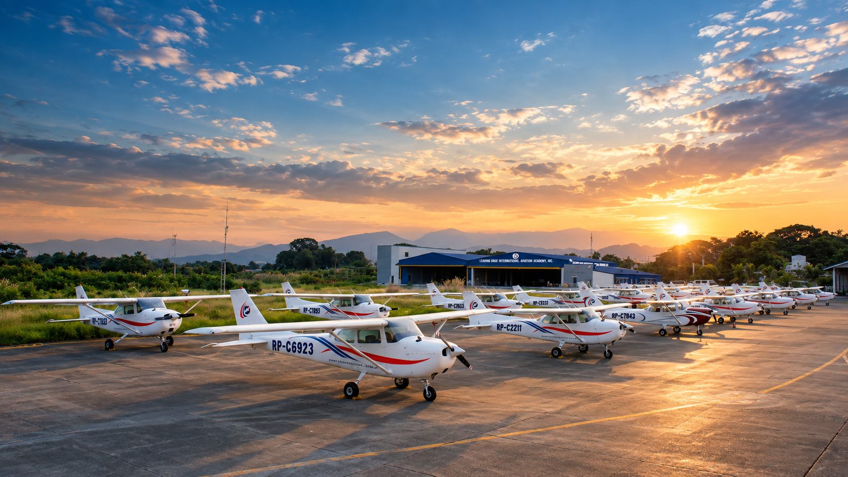 LEIAAI training aircraft lined up on the ramp at sunset